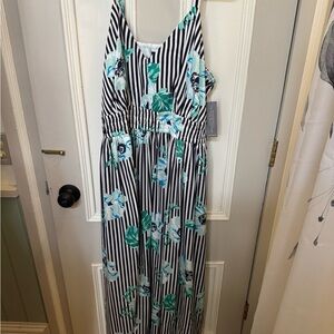 Lane Bryant Black and White Striped Maxi Dress with Green Floral